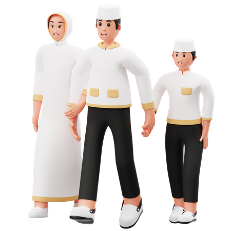 La familia camina hacia la mezquita  3D Illustration