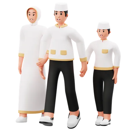 La familia camina hacia la mezquita  3D Illustration