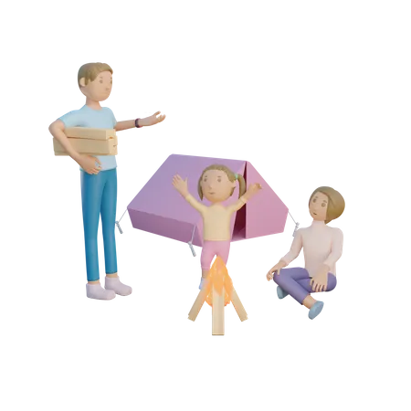 Familia haciendo camping  3D Illustration