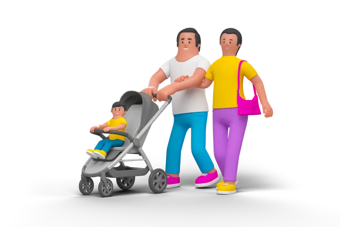 Jovem família com carrinho de bebê  3D Illustration