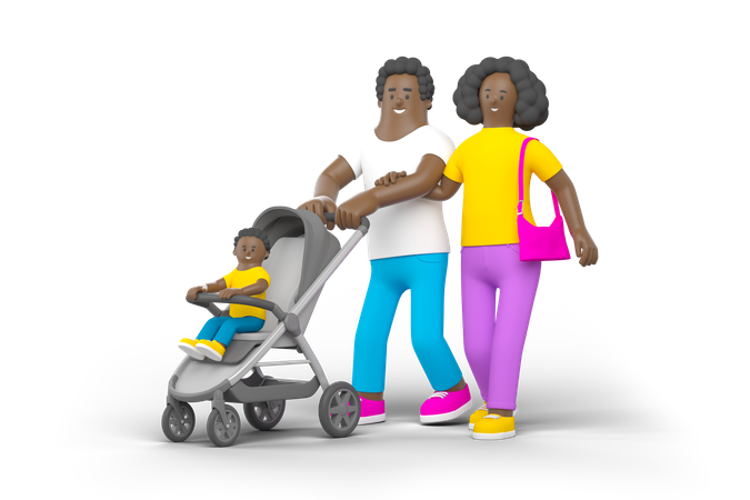 Jovem família com carrinho de bebê  3D Illustration