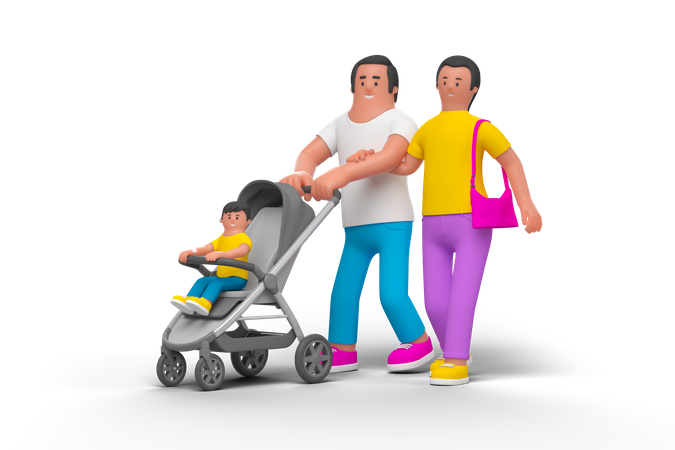 Familia joven con cochecito de bebé  3D Illustration