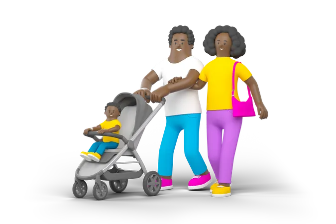 Familia joven con cochecito de bebé  3D Illustration