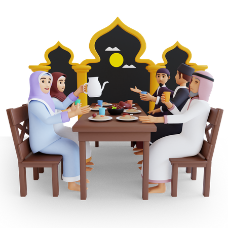 Família muçulmana fazendo festa iftar  3D Illustration