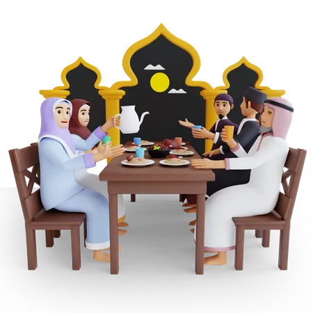 Renderizacao 3 D Renderizacao 3 D Muculmanos Celebrando A Festa Do Ramada Comendo No Iftar Ou Sahoor 3D Illustration