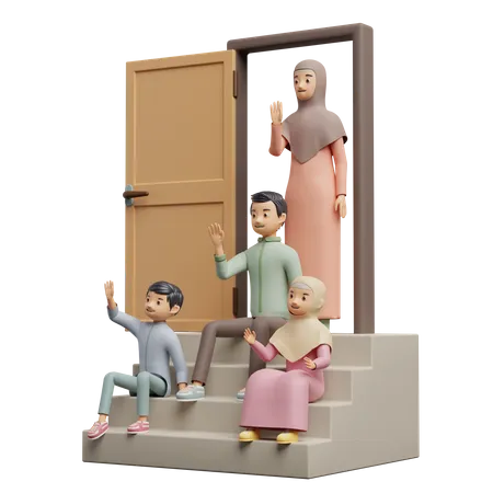 Família muçulmana na escada  3D Illustration