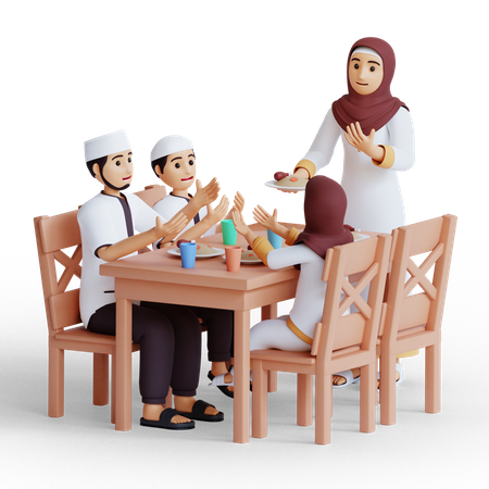 Família muçulmana rezando antes de ter iftar  3D Illustration