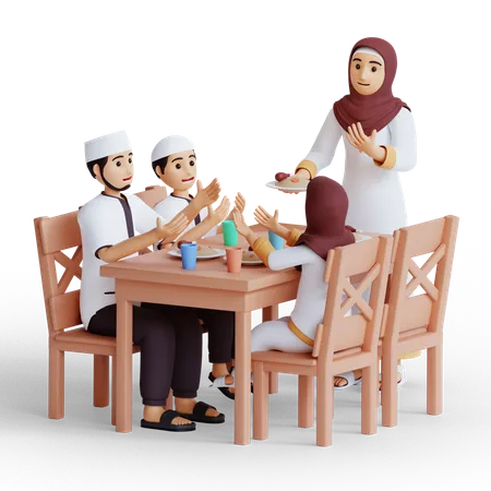 Família muçulmana rezando antes de ter iftar  3D Illustration
