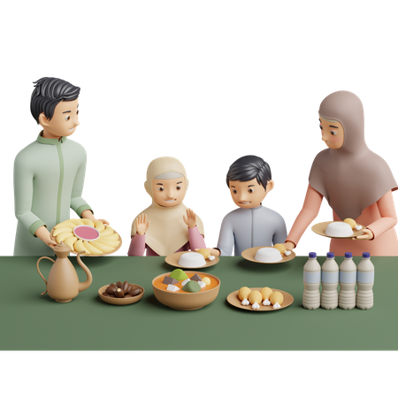 Família muçulmana preparando refeição  3D Illustration