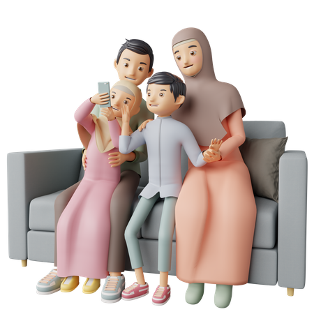 Família muçulmana tirando selfie  3D Illustration
