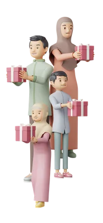 Familia musulmana sosteniendo regalos  3D Illustration