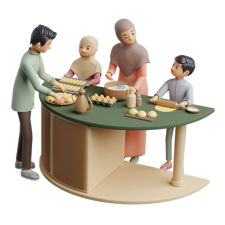 Familia musulmana haciendo pastel en casa  3D Illustration