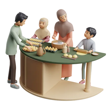 Familia musulmana haciendo pastel en casa  3D Illustration