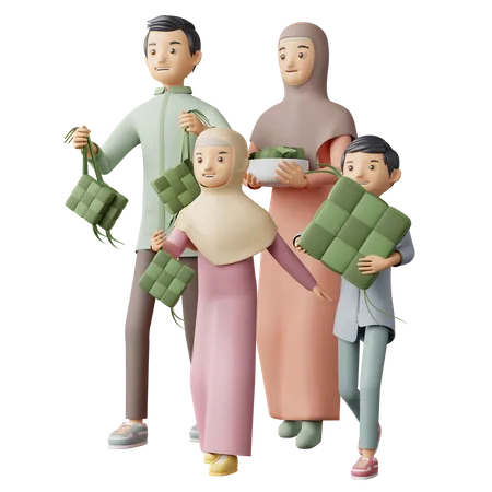 Familia musulmana sosteniendo Ketupat  3D Illustration