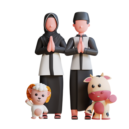 Familia musulmana rezando con mascotas  3D Illustration