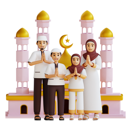 Familia musulmana rezando en una mezquita  3D Illustration