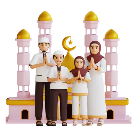Renderizado 3 D Renderizado 3 D Eid Mubarak Con Mezquita Y Pose De Namaste De Familia Musulmana 3D Illustration