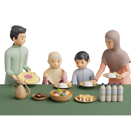 Familia musulmana preparando comida  3D Illustration