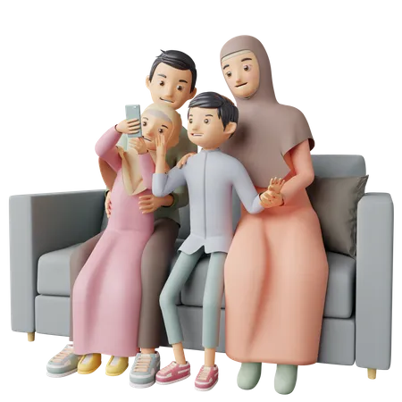 Familia musulmana tomando selfie  3D Illustration