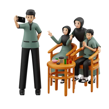 Familia musulmana tomándose selfie en Eid  3D Illustration