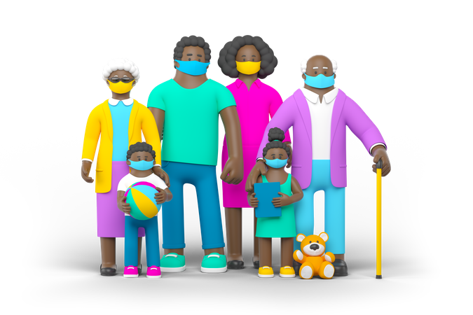 Familia negra con máscara  3D Illustration