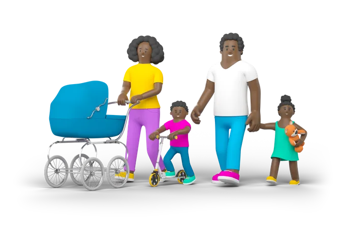 Familie geht zusammen spazieren  3D Illustration
