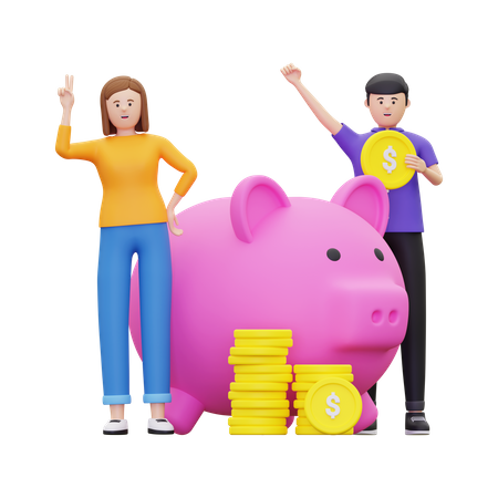 Familie spart Geld in Sparschwein  3D Illustration