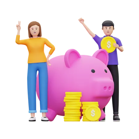 Familie spart Geld in Sparschwein  3D Illustration