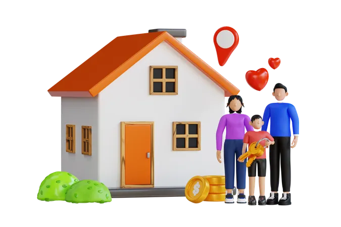 Famille debout devant une nouvelle maison  3D Illustration