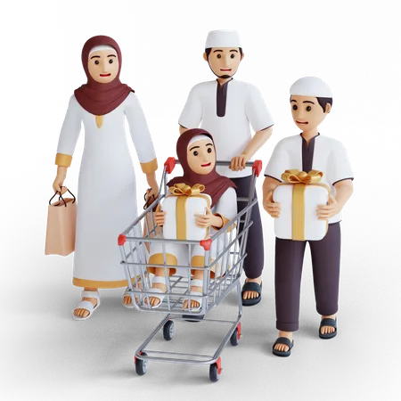 Famille musulmane faisant du shopping pendant le Ramadan  3D Illustration