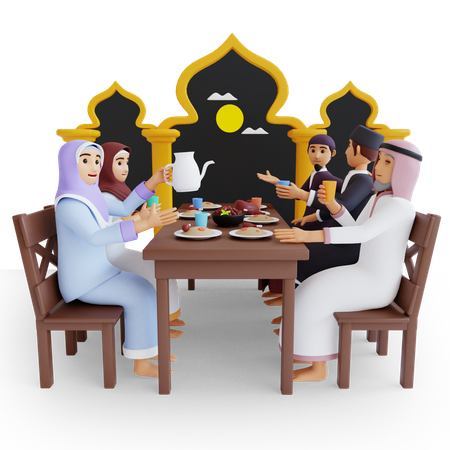 Famille musulmane faisant la fête de l'iftar  3D Illustration
