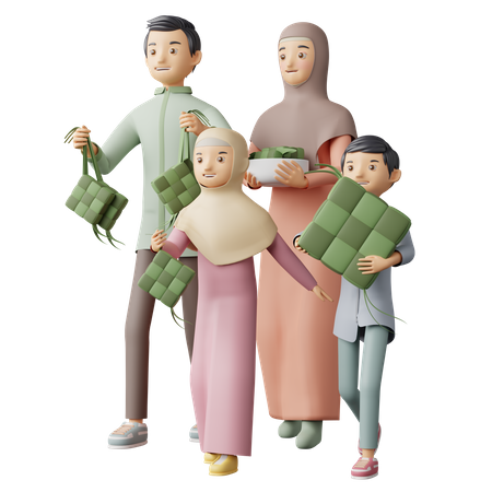 Famille musulmane tenant Ketupat  3D Illustration