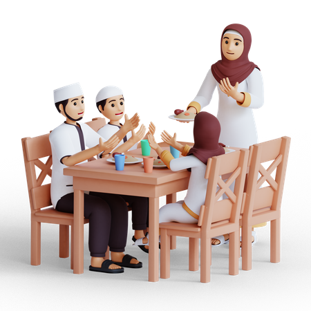 Famille musulmane priant avant d'avoir l'iftar  3D Illustration