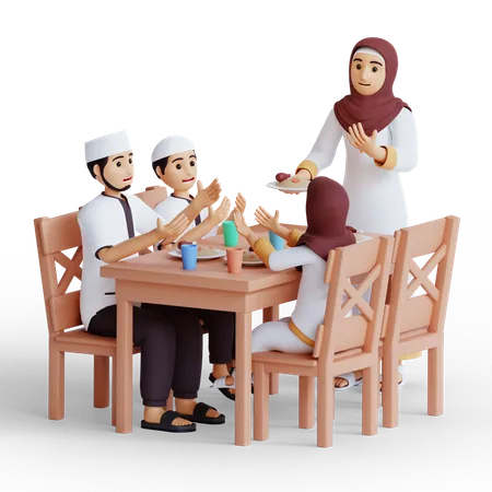 Famille musulmane priant avant d'avoir l'iftar  3D Illustration