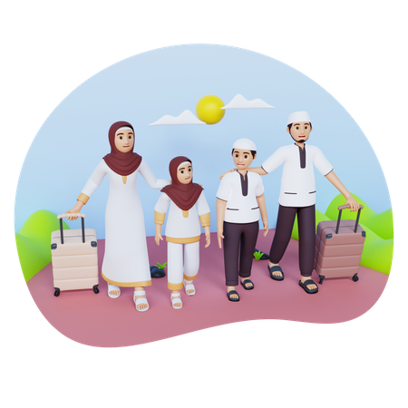 Une famille musulmane rentre chez elle  3D Illustration