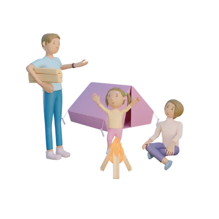 Family doing camping  3D Illustration