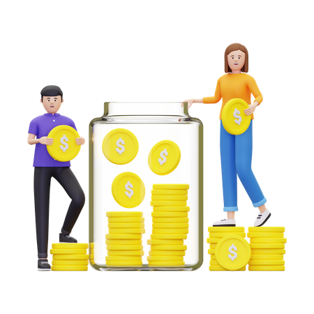 Family Saving Money Into Jar  3D Illustration