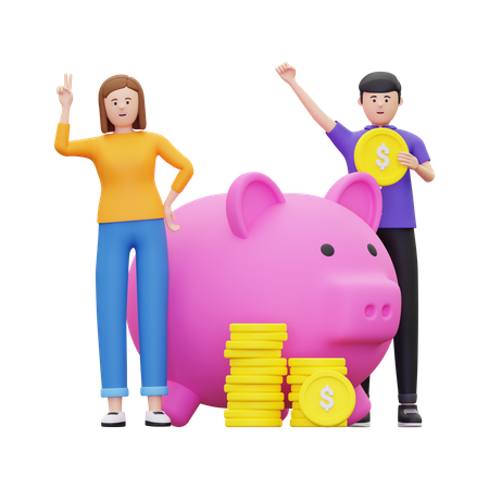 Family Saving Money Into Piggy Bank  3D Illustration