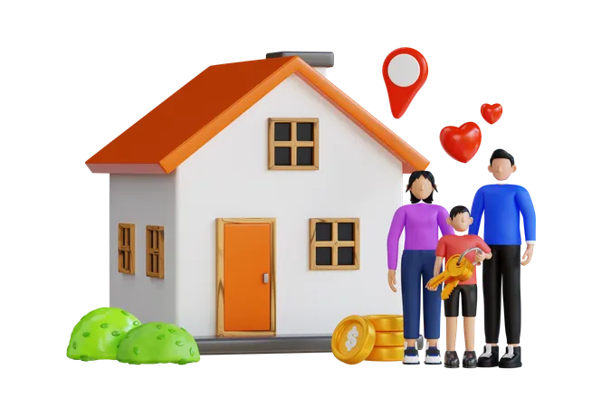 3 D Illustration Of Family Standing In Front Of A New House Happy Family Is Taking Keys From Their New House 3 D Illustration 3D Illustration