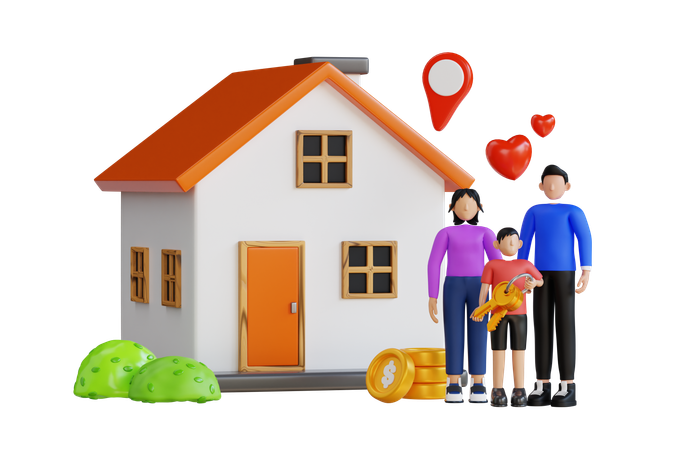 Family Standing In Front Of New House  3D Illustration