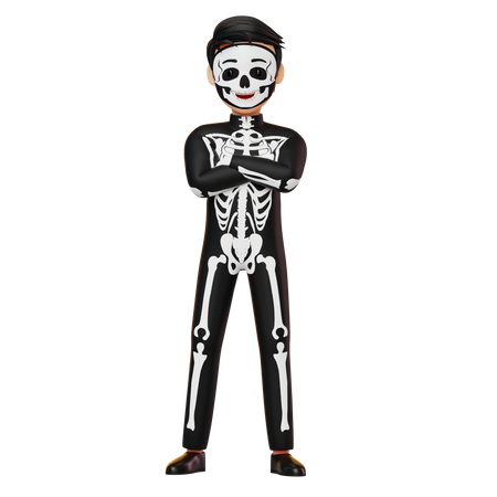 Menino com fantasia de esqueleto em pé dobrado à mão  3D Illustration