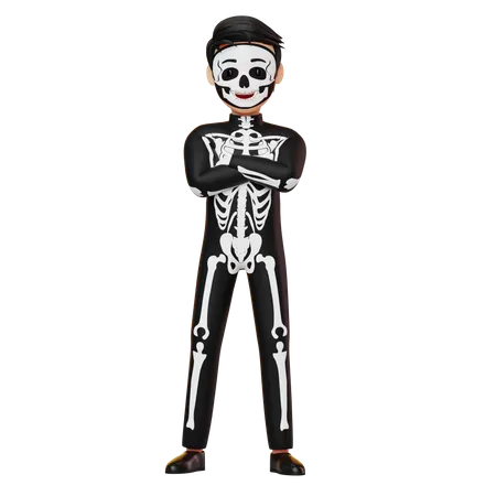 Menino com fantasia de esqueleto em pé dobrado à mão  3D Illustration
