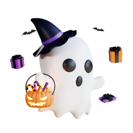 Fantasma con chocolates de Halloween  3D Illustration