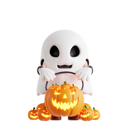 Fantasma de Halloween com cesta de abóbora  3D Illustration