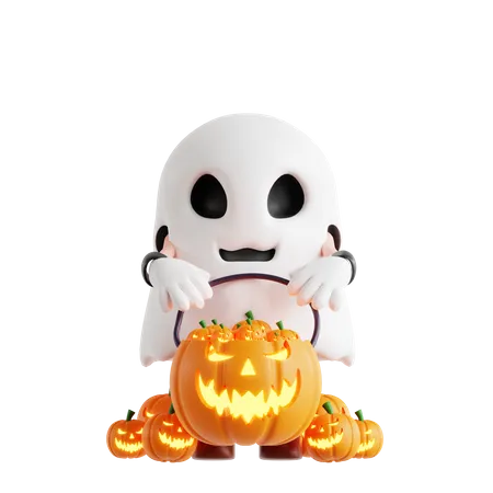 Fantasma de Halloween com cesta de abóbora  3D Illustration