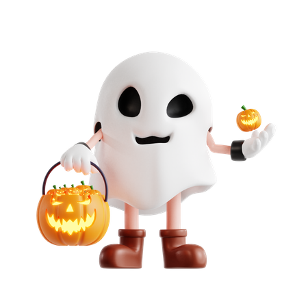 Fantasma de Halloween com cesta de abóbora  3D Illustration