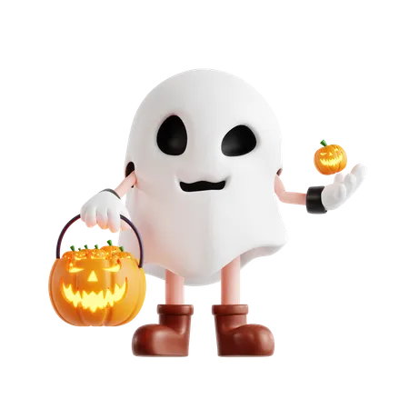 Fantasma de Halloween com cesta de abóbora  3D Illustration