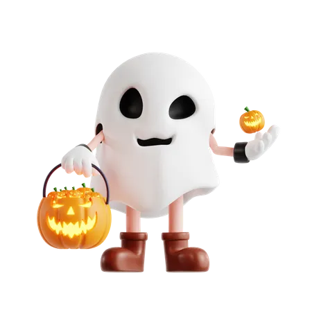 Fantasma de halloween con canasta de calabazas  3D Illustration