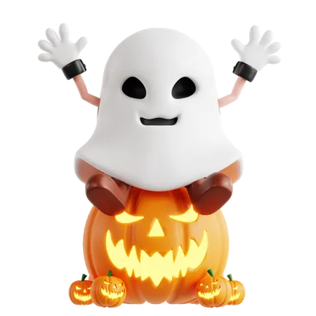 Fantasma sentado en calabaza  3D Illustration