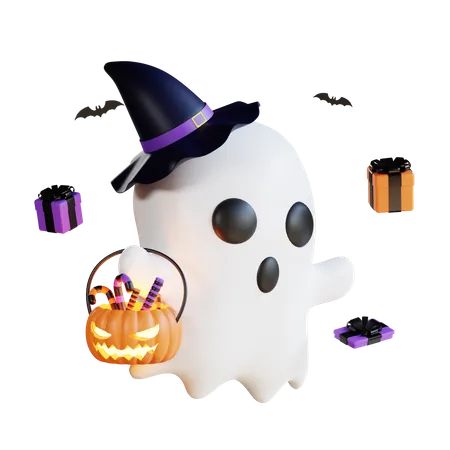 Fantôme avec des chocolats d'Halloween  3D Illustration